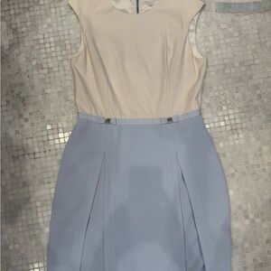 Ted Baker Cream and Light Blue Zip-Back Sheath Dress